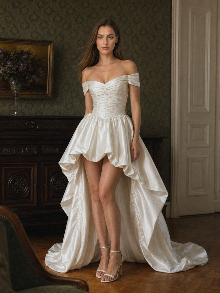 Satin Off Shoulder High Low Reception Dress Main image