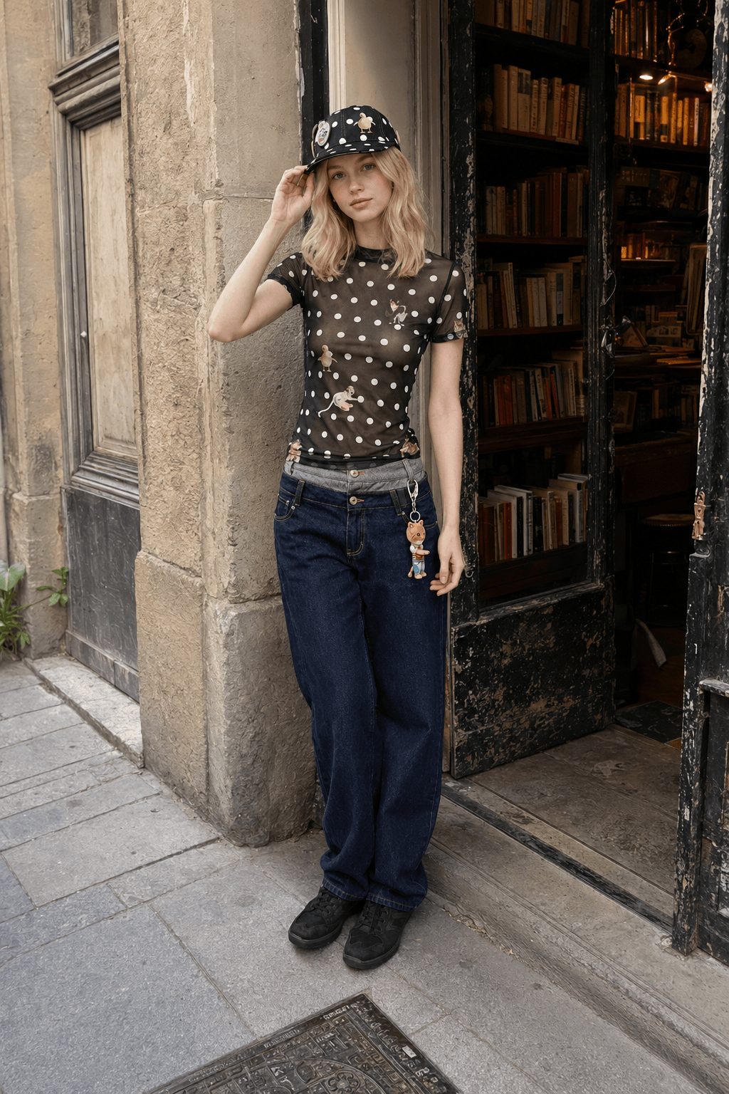 Sheer Polka Dot Mesh Crew Neck Long Sleeve Crop Top Secondary image