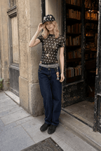 Sheer Polka Dot Mesh Crew Neck Long Sleeve Crop Top