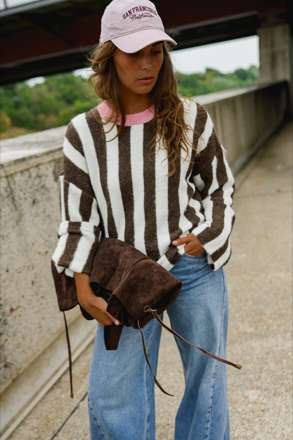 Vertical Stripe Contrast Neck Relaxed Knit Sweater