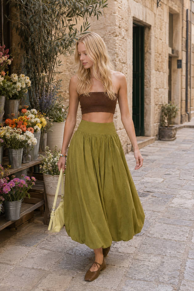 Pocket Smocked Elastic Waist Lantern Skirt