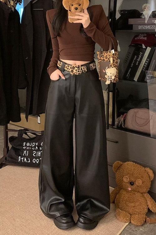 High Waist PU Leather Elastic Waist Wide Leg Pants Main image