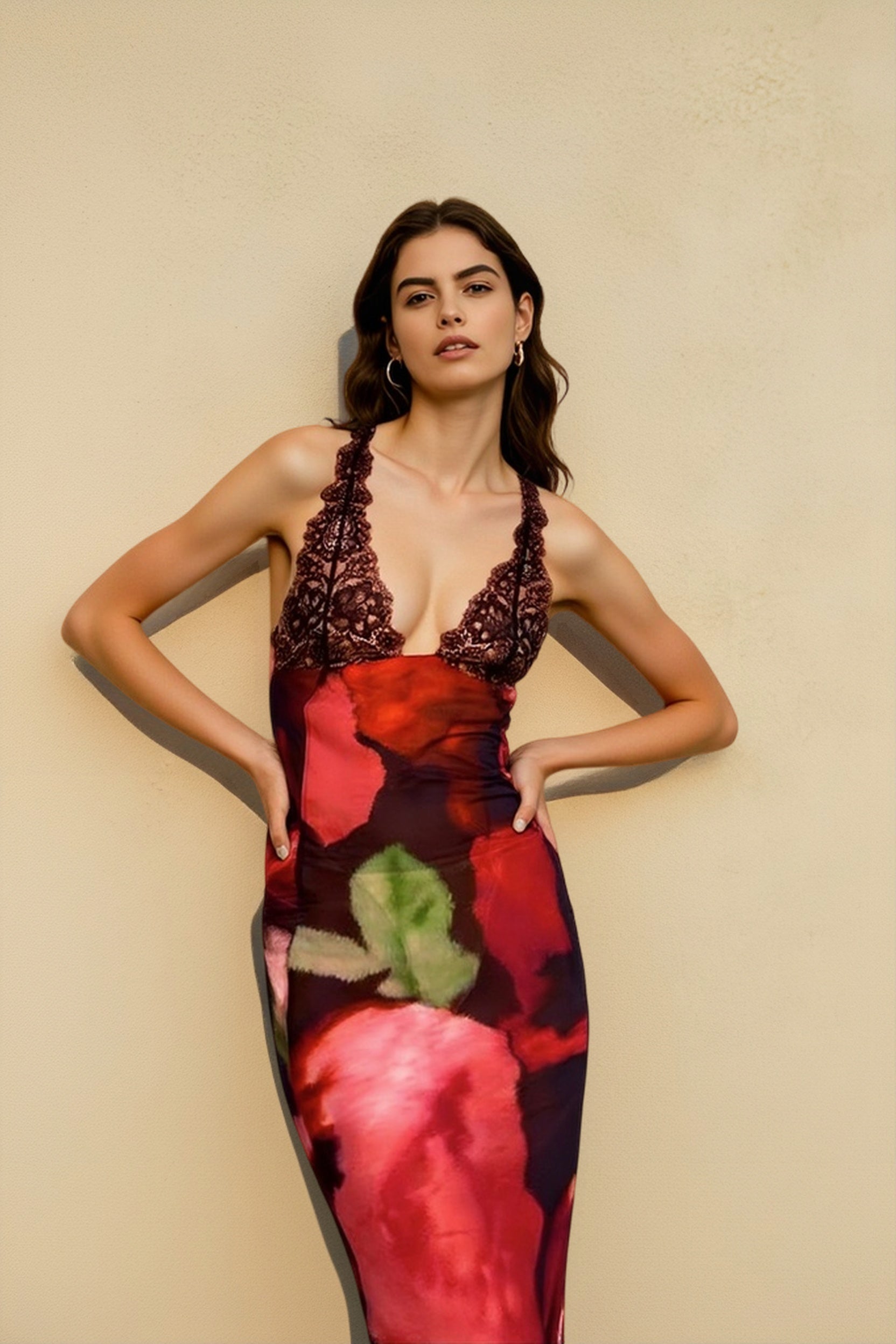 Printed Lace Panel Low Back Vacation Dress Main image
