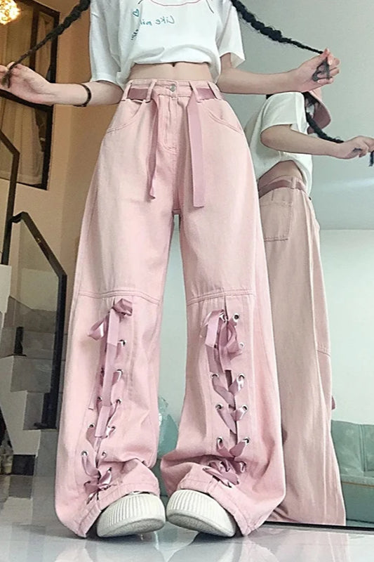 Pink Bow Tie Wide Leg Cargo Jeans Main image
