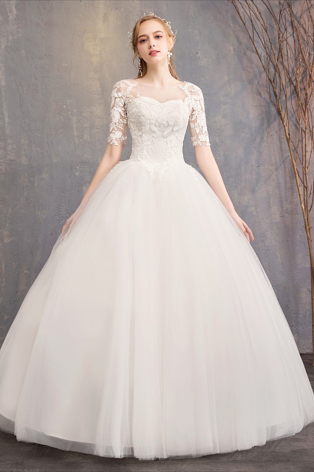 Lace Three Quarter Sleeve Wedding Dress Main image