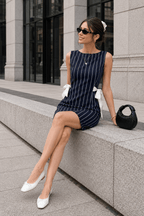 Striped Crew Tie A Line Elegant Work Dress