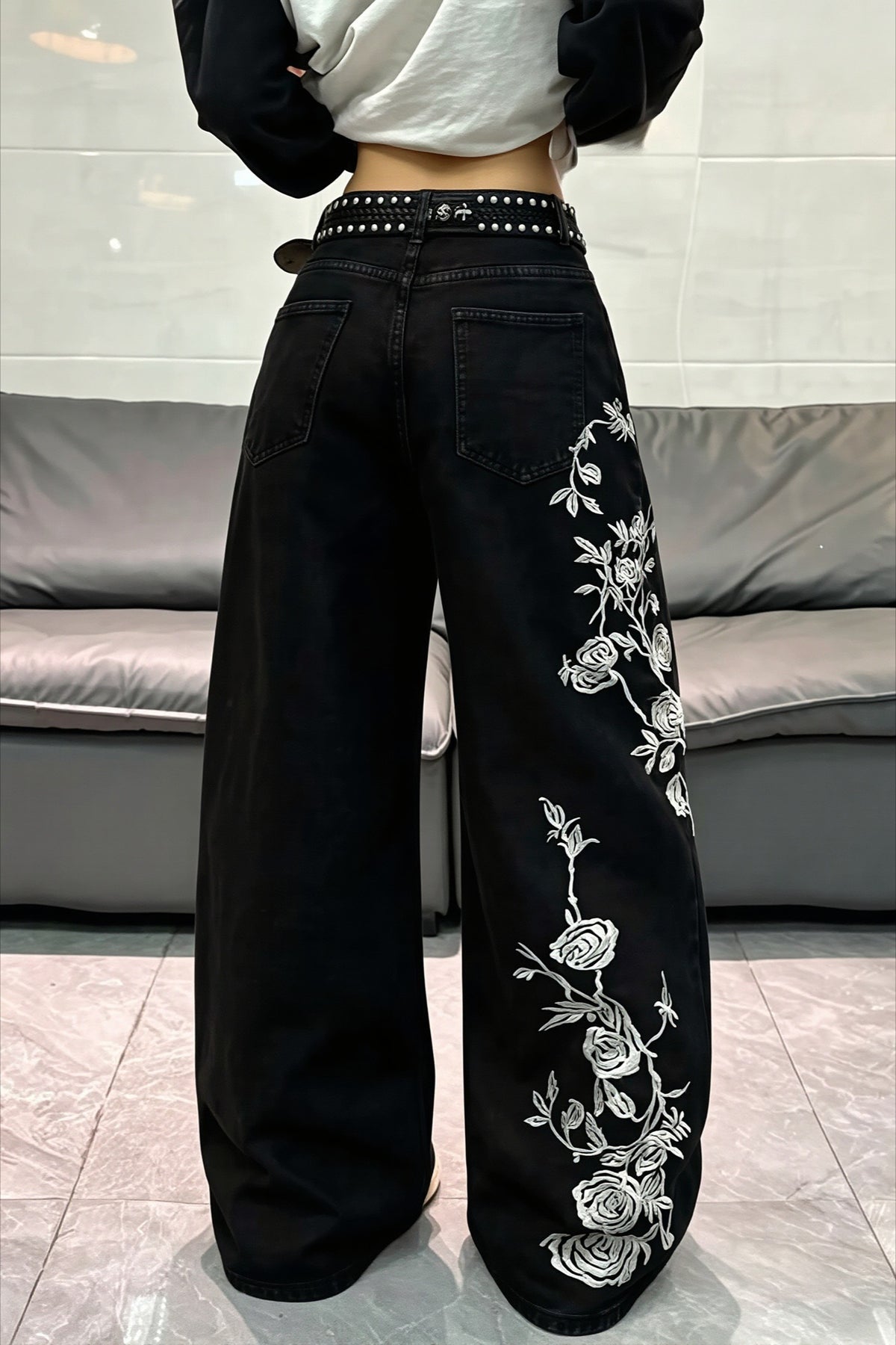 Rose Embroidered Stretch Straight Leg Jeans