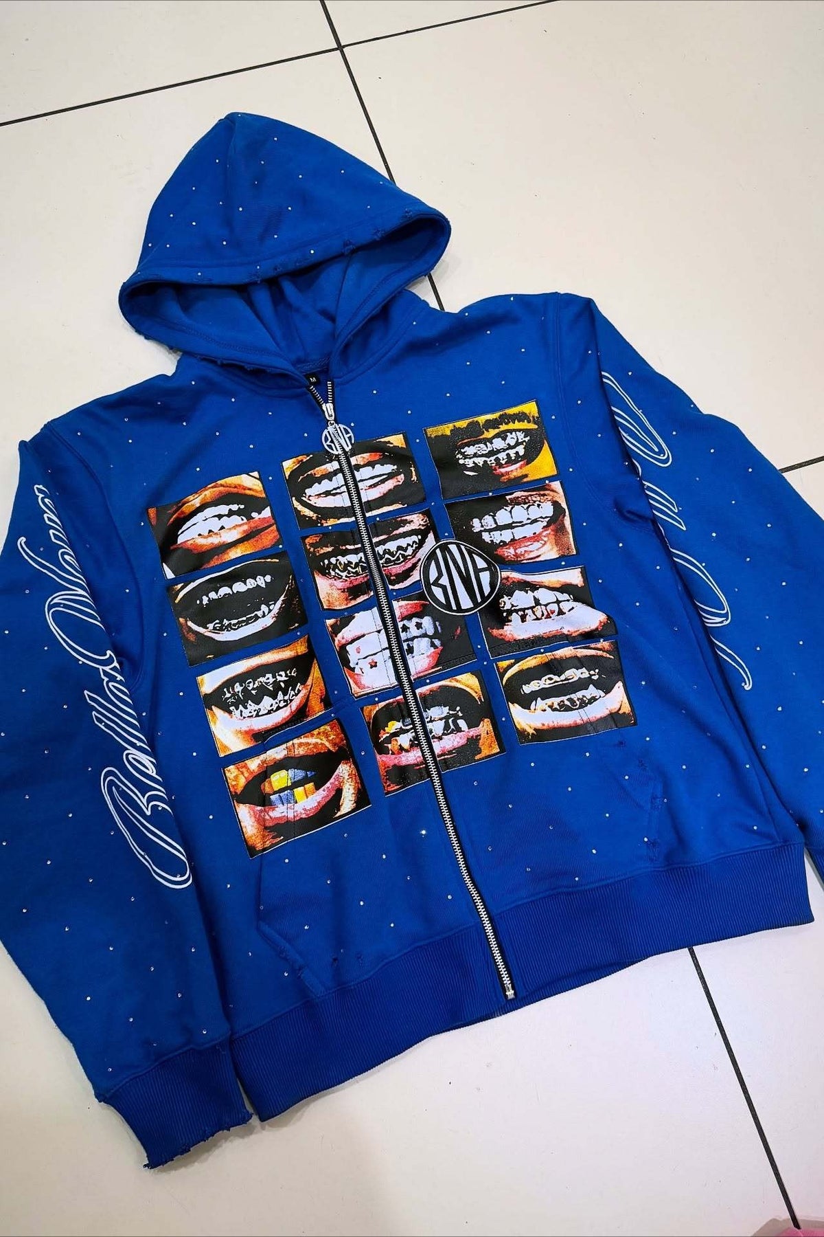 Mouth Collage Graphic Rhinestone Full Zip Hoodie