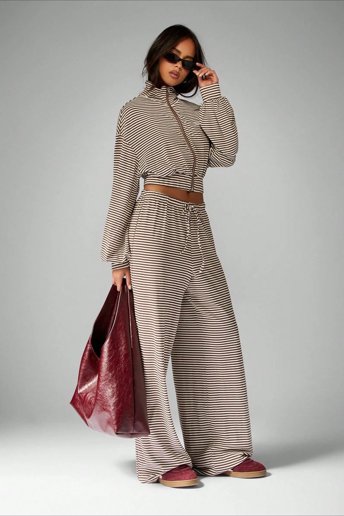 Micro Stripe Zip Jacket Wide Leg Pants Two Piece Set