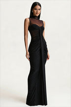 High Neck Mesh Panel Ruched Party Dress