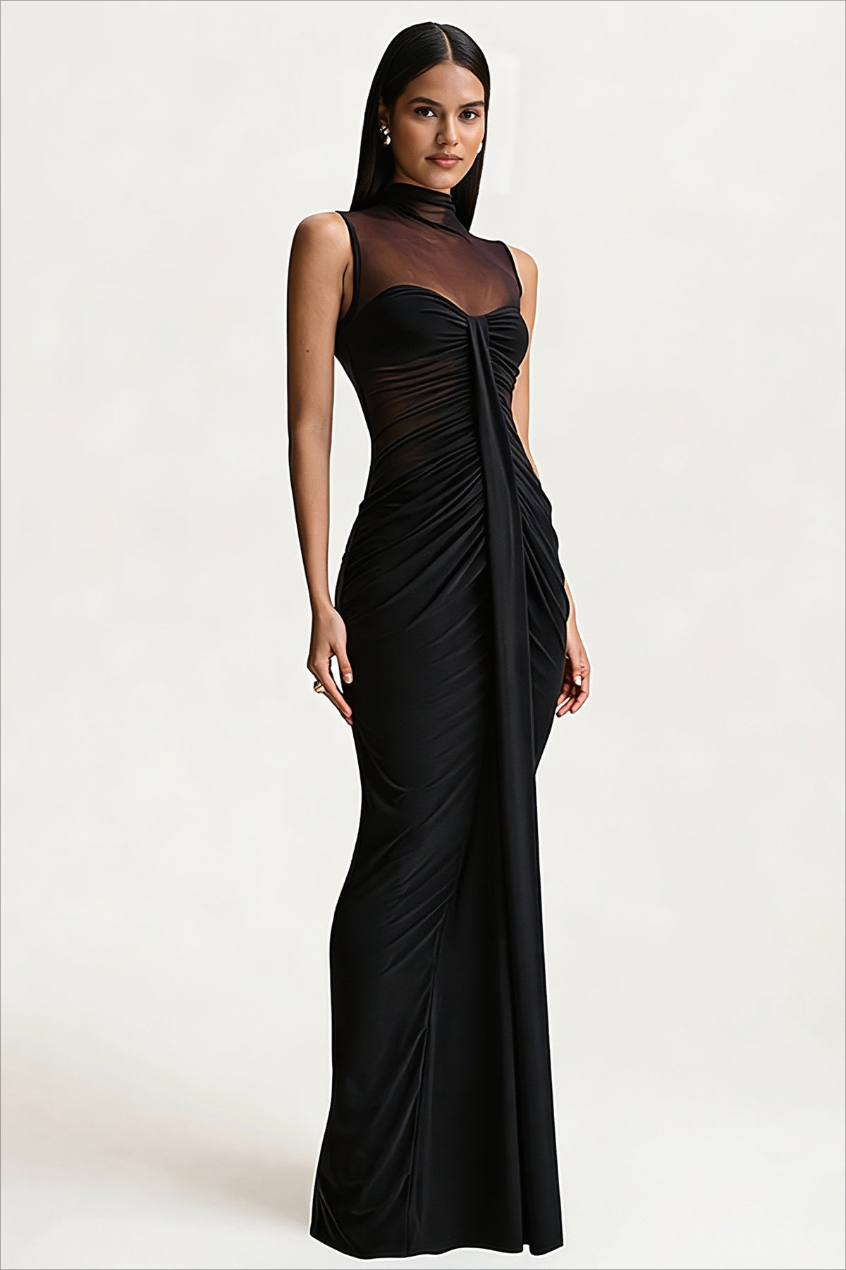 High Neck Mesh Panel Ruched Party Dress