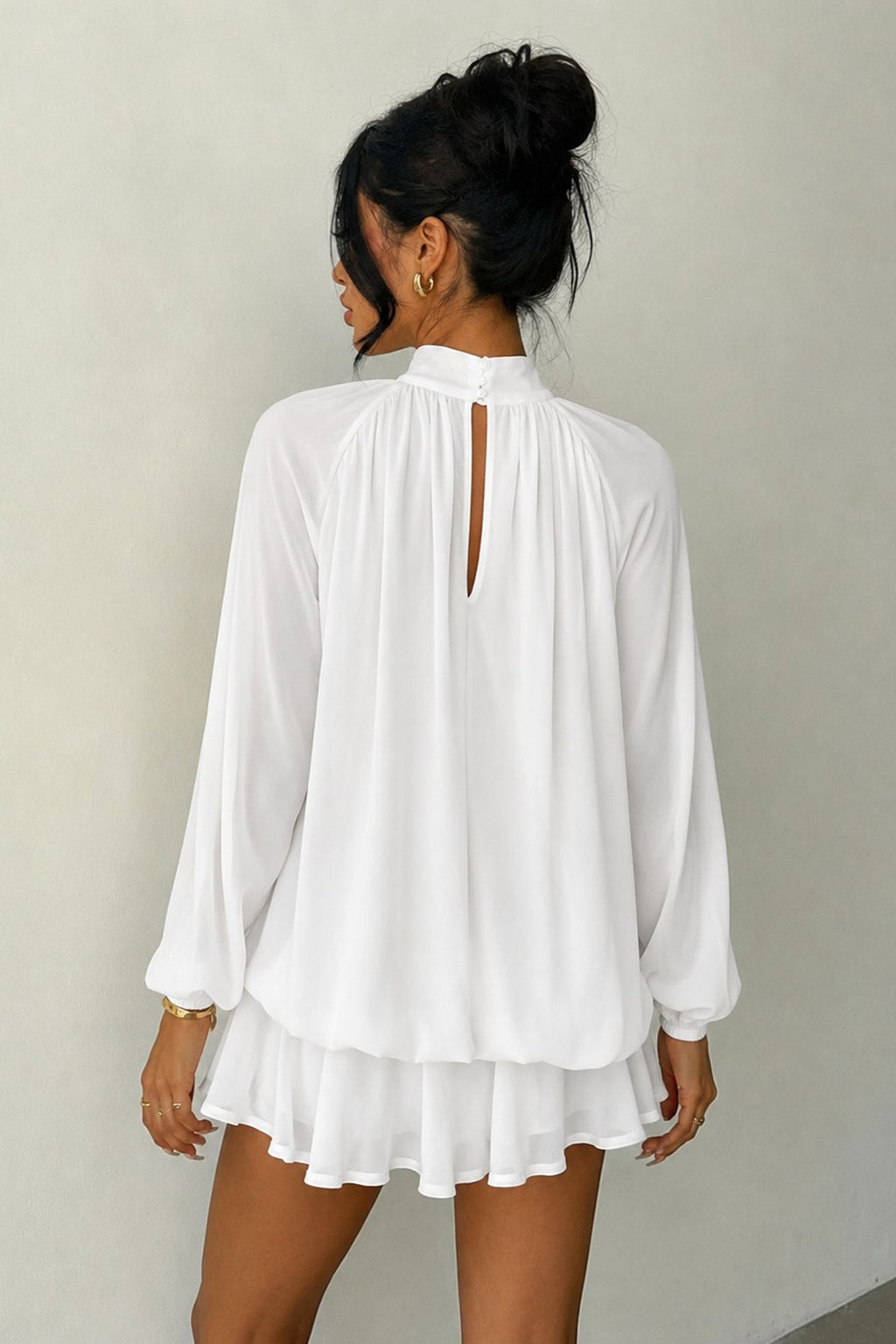 High Neck Long Sleeve Tiered Ruffle Mini Dress