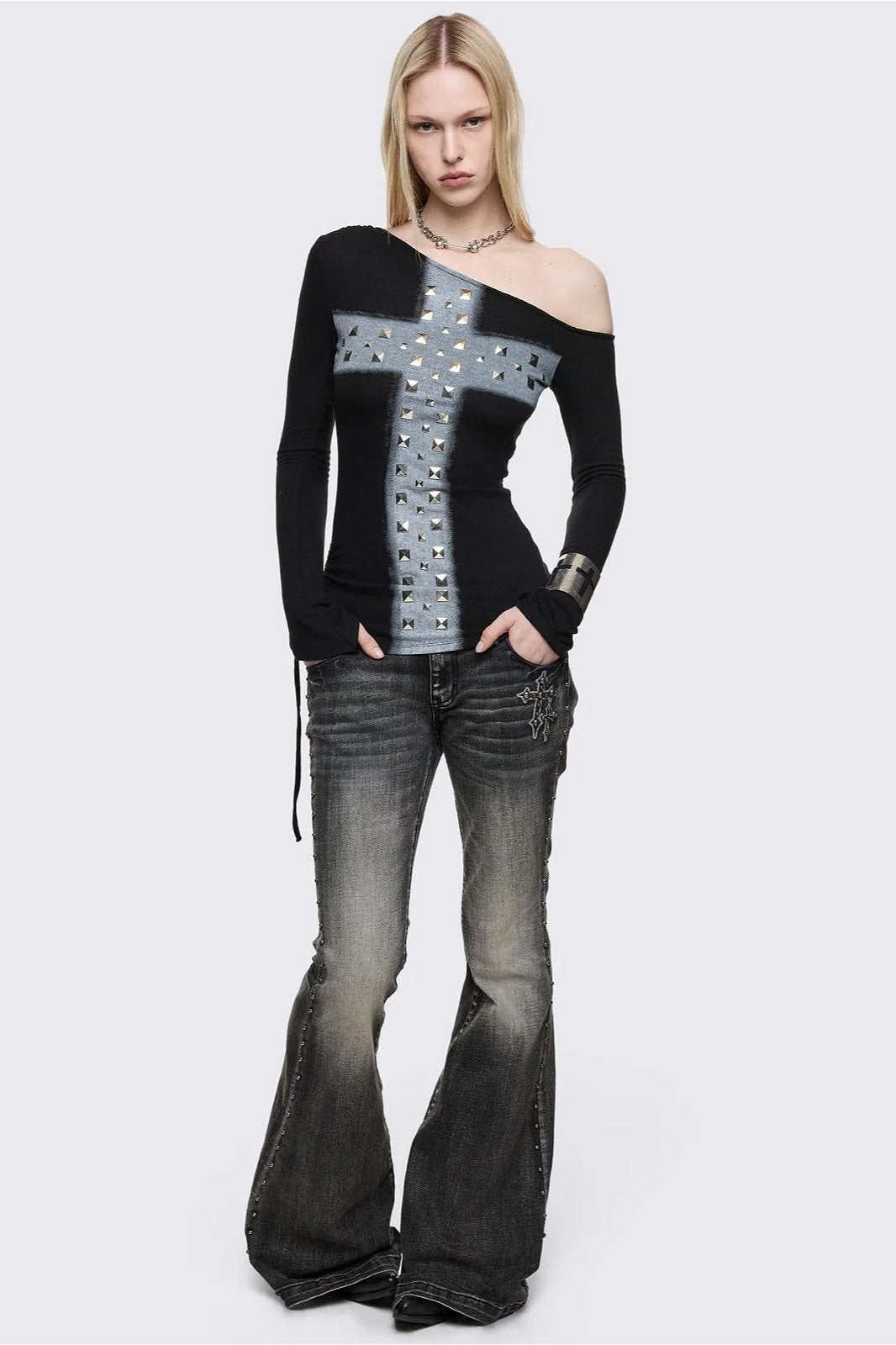 Rhinestone Cross One Shoulder Long Sleeve T-Shirt