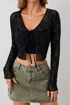 Flocked Mesh Front Tie Long Sleeve T-Shirts