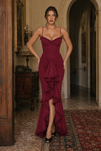 Solid Deep V Backless Ruffle Pleat Slip Dress