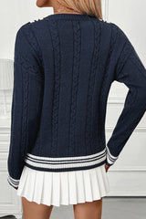 Contrast V-Neck Cable Knit Sweater