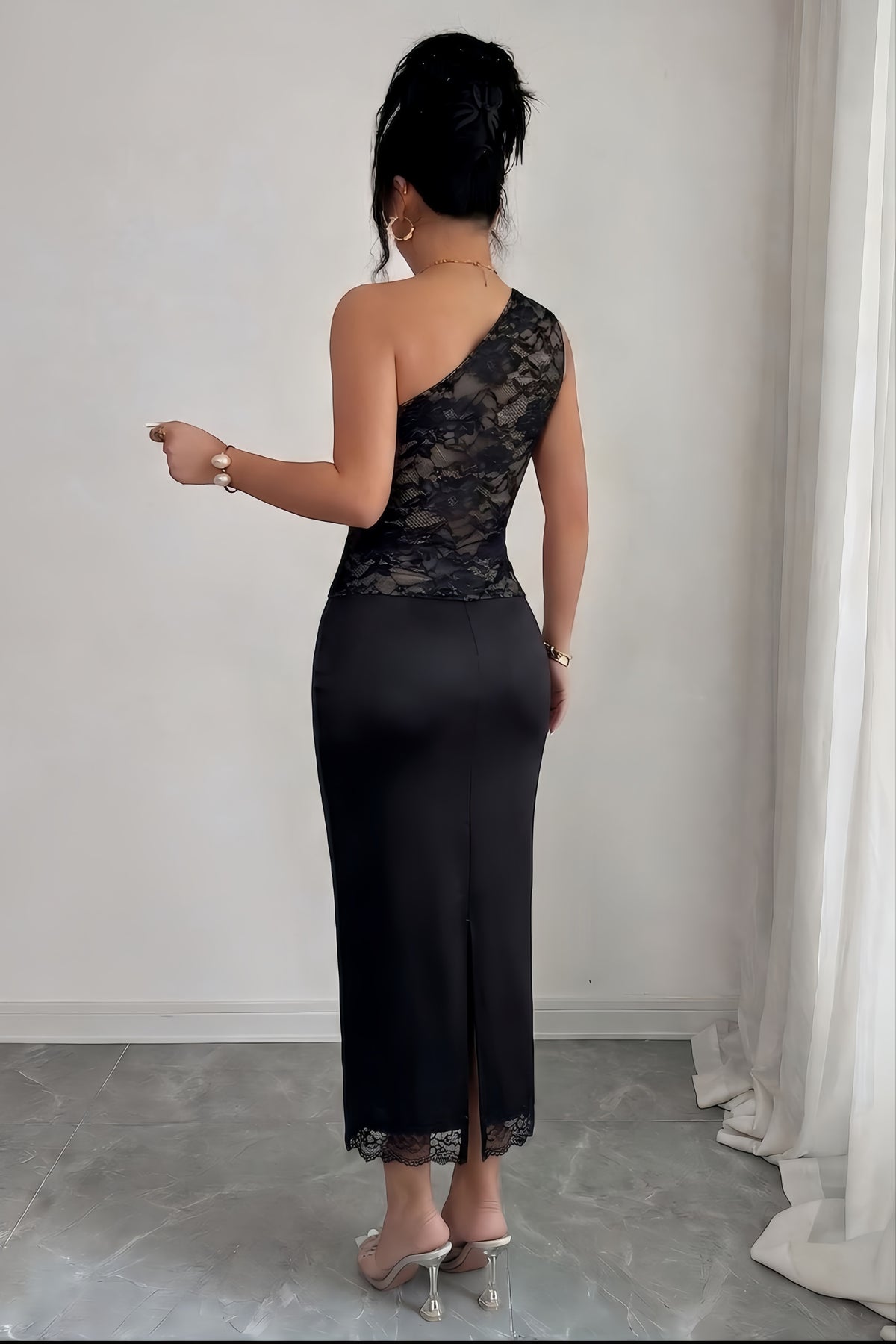 One Shoulder Lace Panel Fitted Maxi Party Dress