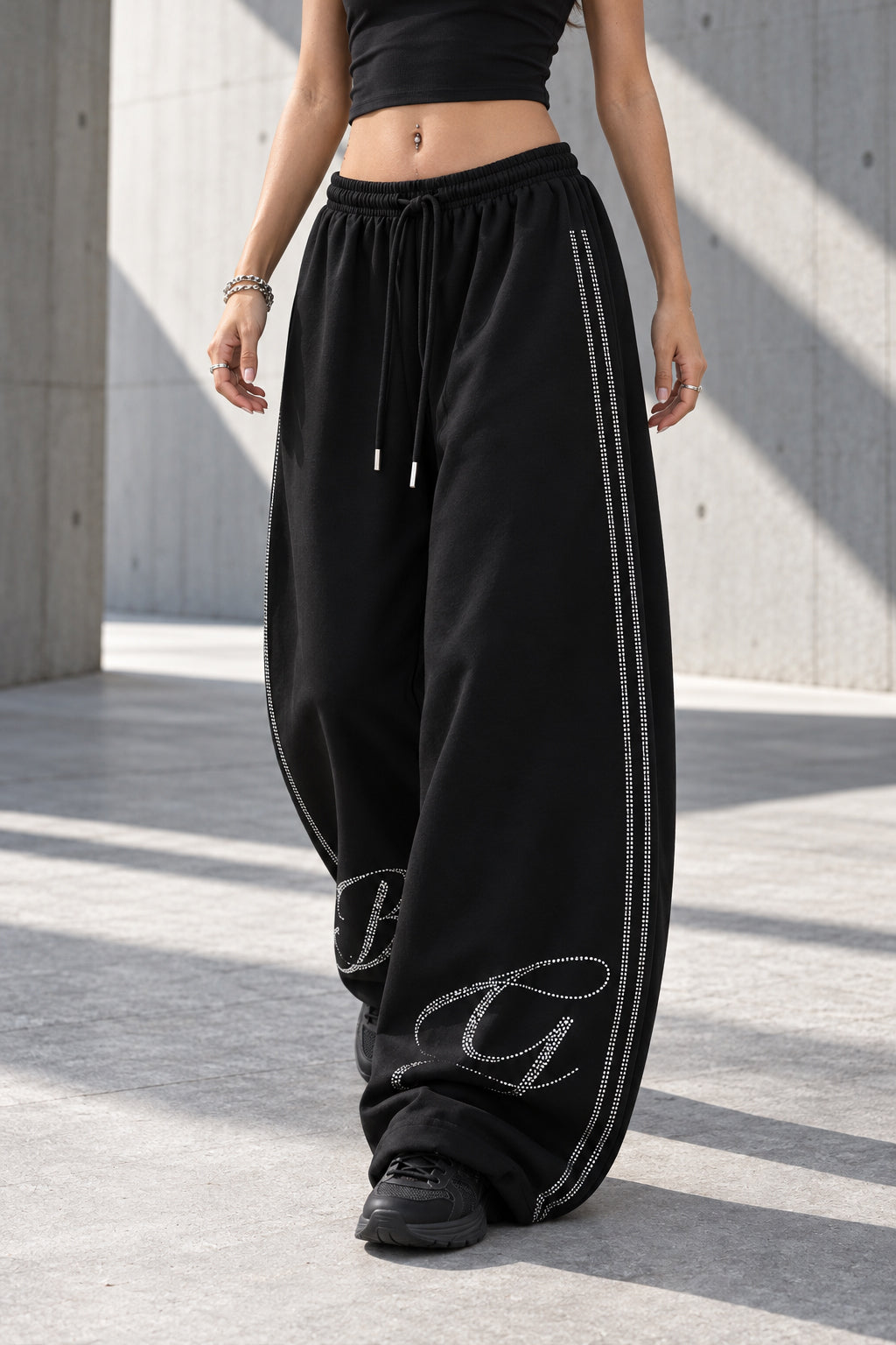 Rhinestone Script Drawstring Wide Leg Pants