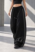 Rhinestone Script Drawstring Wide Leg Pants