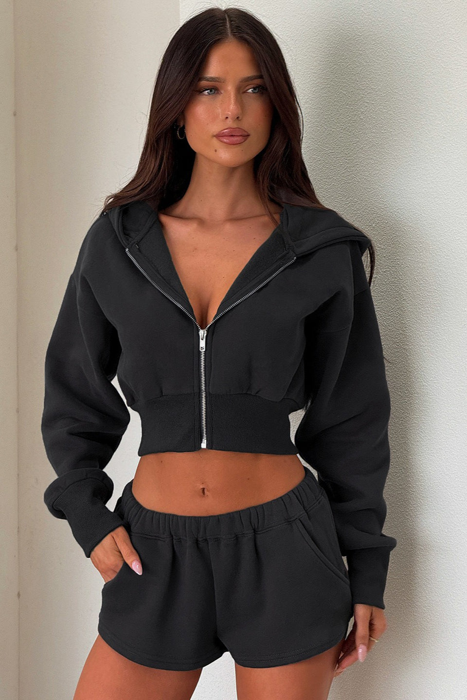 Basic Solid Cropped Hoodie Casual Two-Piece Set