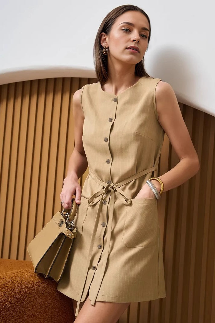 Sleeveless Button Front Tie Work Dress Main image