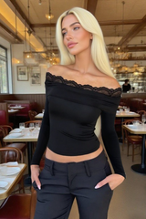 Lace Off Shoulder Long Sleeve Chic Versatile Crop Top