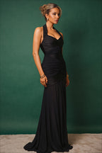 Plunge Halter Mesh Panel Ruched Maxi Dress