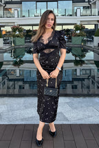 Polka Dot Lace Cutout Elbow Sleeve Midi Dress