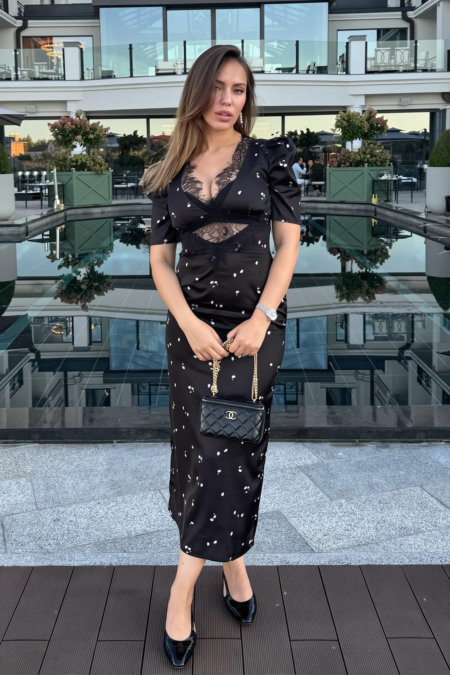 Polka Dot Lace Cutout Elbow Sleeve Midi Dress