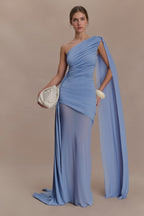 Elegant Mesh Paneled One Shoulder Cape Fitted Party Dress
