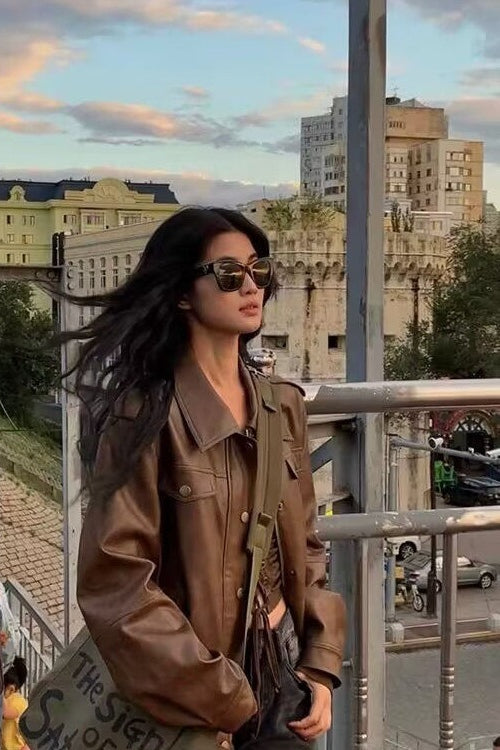 Mocha Retro Biker Leather Jacket Main image