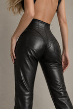 PU Leather Front Zipper Slim Fit Pants
