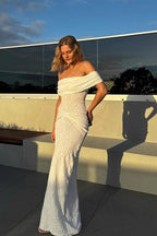 Simple Elegant Fold Over Off Shoulder Pleated Sheath Boho Dress