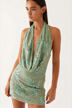 V-Neck Sequin Beaded Print Bodycon Mini Dress