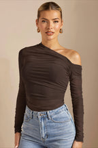 Draped Asymmetric Neck Long Sleeved T-shirts