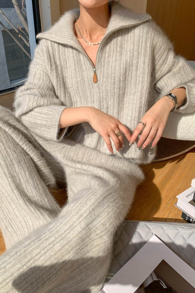 Half Zip Polo Sweater Wide Pants Knit Set Main image