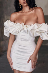 Ruffled Off-Shoulder Corset Bodycon Mini Silk Dress
