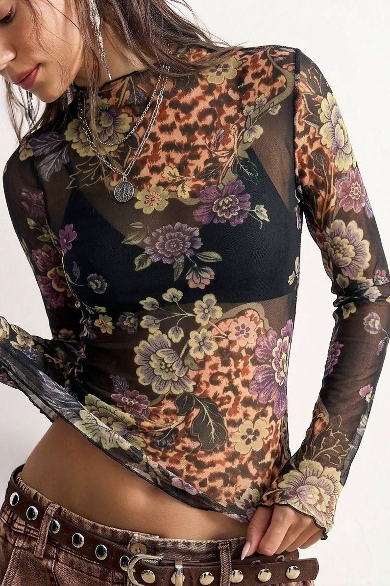 Floral Animal Print Mesh Long Sleeved T-shirts