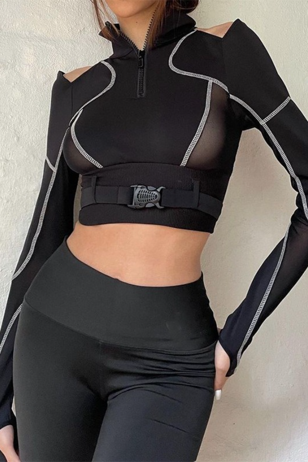 Mesh Paneled Cold Shoulder Color Block Sheer Cropped Crop Top Main image