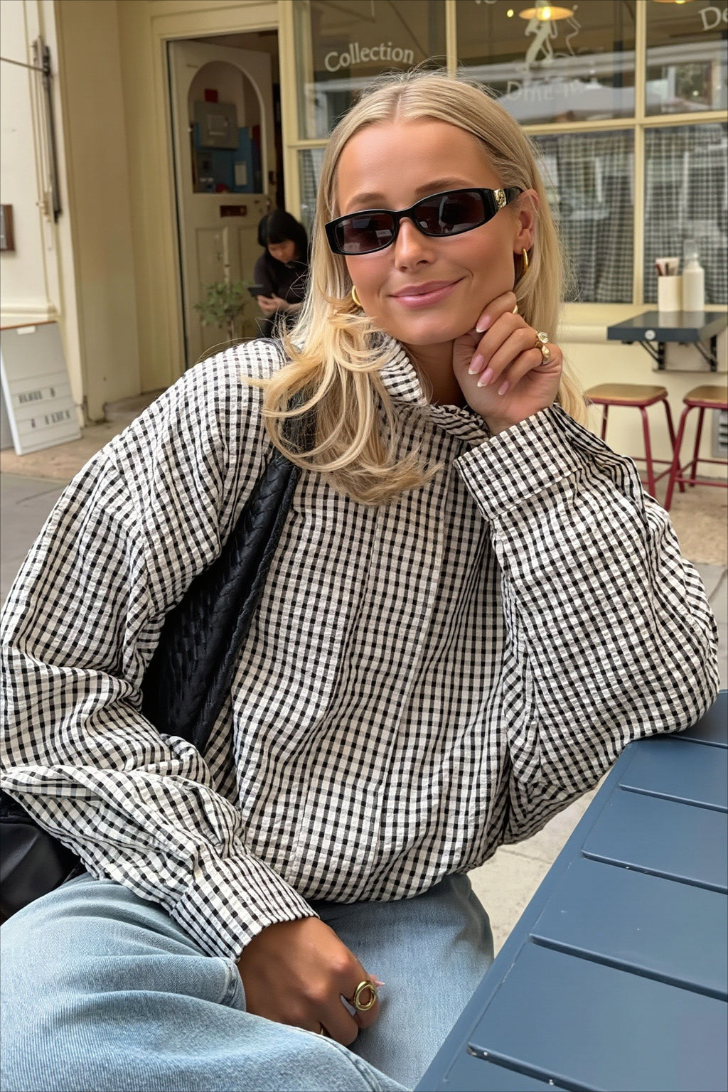 Gingham High Collar Relaxed Zip Jacket