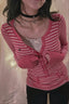 Striped Button Front Deep V Neck T-Shirt