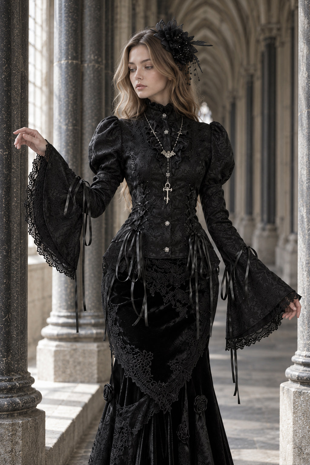 Gothic Bell Sleeve Fitted Blouse