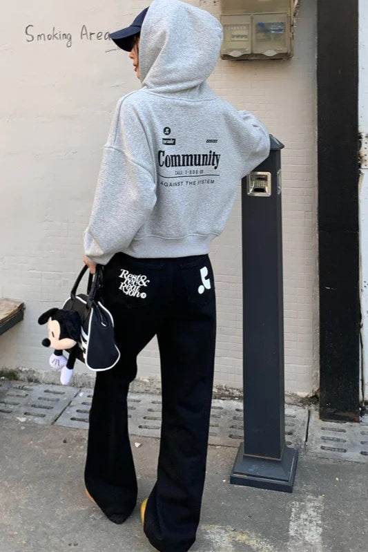 Solid Color Contrast Print Loose Straight Casual Jeans Secondary image