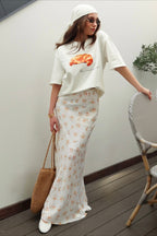 Draped Floral Print Satin Skirt