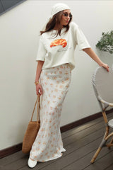 Draped Floral Print Satin Skirt