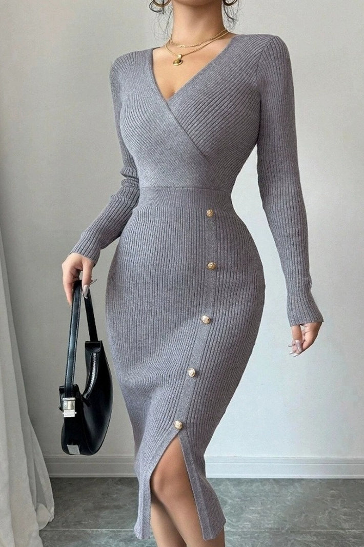 Knitted V-Neck Long-Sleeve Buttoned Sweater Dress Main image