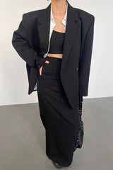 Wasteland Shoulder Pad Lapel Long Sleeve Drapey Blazer Split Midi Skirt Two Piece Set