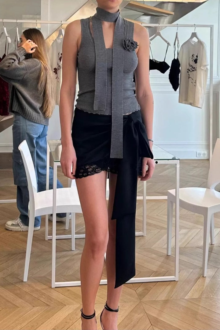 Satin Lace Bow Asymmetric Skirt Secondary image