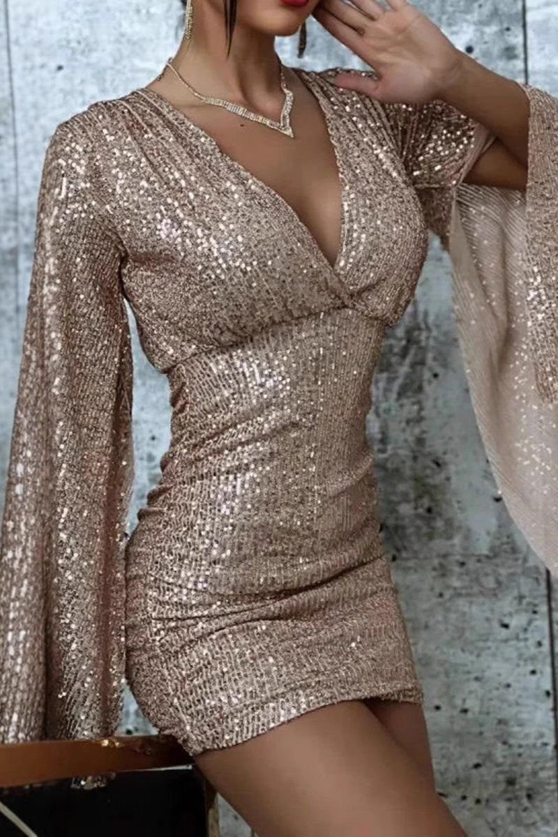 V Neck Bodycon Asymmetric Sequin Cocktail Dress Main image