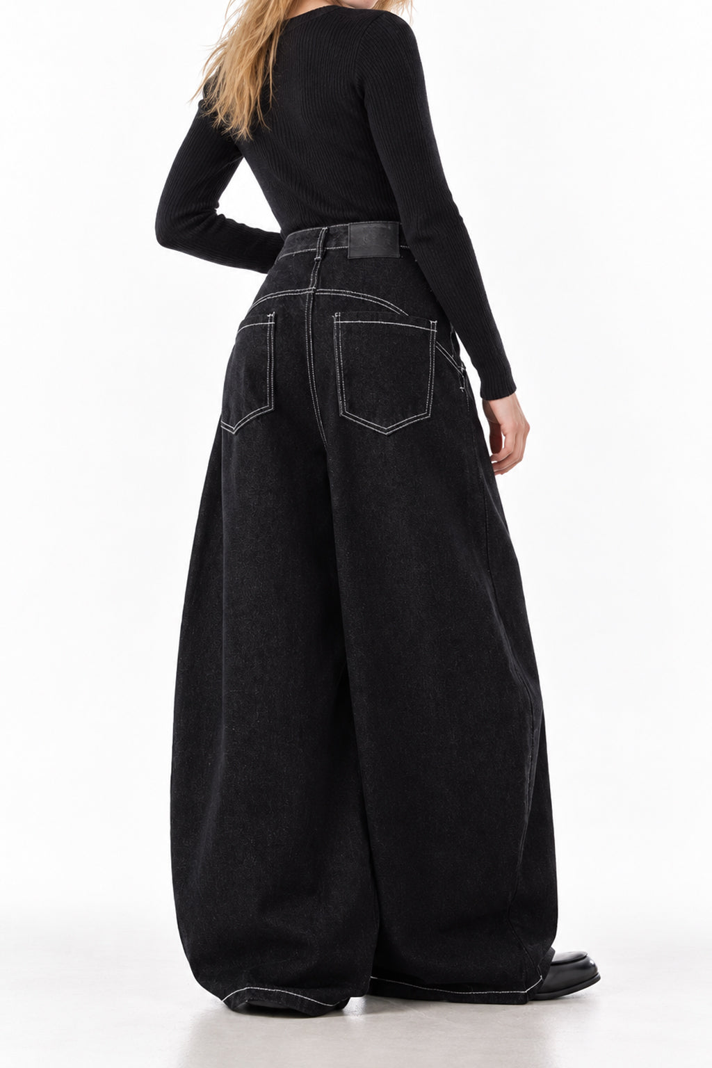 Deep Wash Draped Wide Leg Denim Jeans